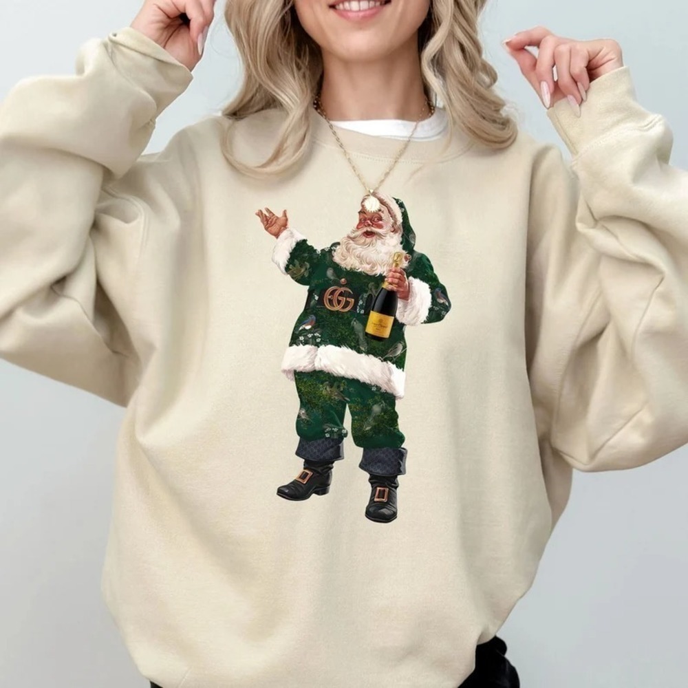 Boujee Santa Champagne Christmas Sweatshirt Vintage Santa Sweatshirt